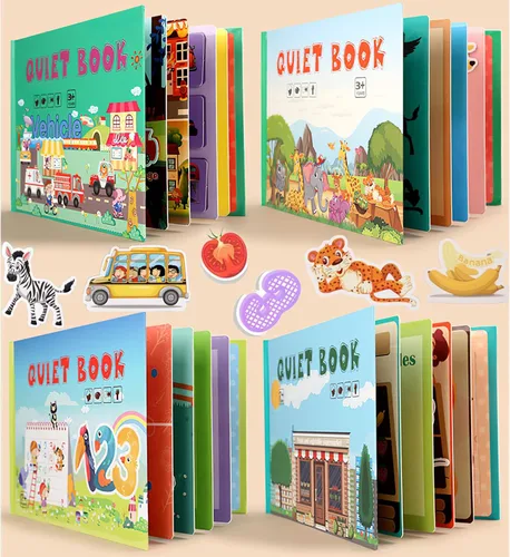 Paquete de 4 libros de bricolaje para niños pequeños, libro silencioso Montessori con animales, vehículo, número, actividades de aprendizaje Paquete