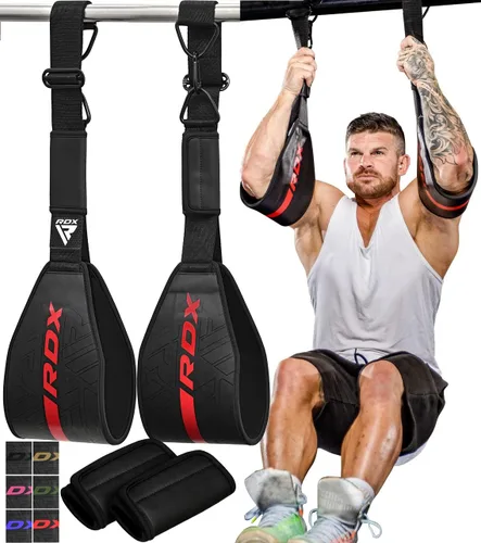Vista 8 de RDX Correas AB para colgar en la barra de dominadas (par), cuero Maya Hide, construcción muscular abdominal, eslingas acolchadas de soporte