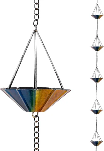 Vista 11 de Cadenas de lluvia de 10 pies para exterior, cadena de canalón de lluvia con 12 copas de flores, cadena de captura de agua de lluvia ajustable