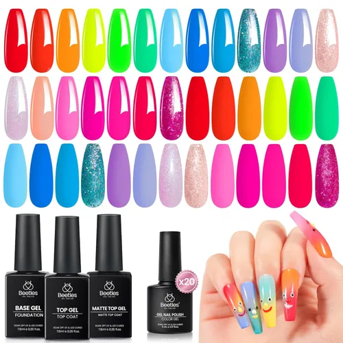 Vista 13 de Beetles - Juego de esmaltes de uñas de gel, 20 colores, rosa, blanco, negro, amarillo, rojo, con brillantina, UV, LED, kit de esmalte de gel