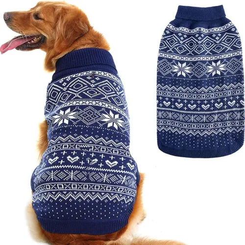 Vista 5 de HOMIMP Suéter de rombos para perros - Ropa cálida de invierno para cachorros, abrigo suave, suéter feo para perros pequeños, medianos y grandes, Azul