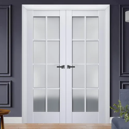 Vista 2 de SARTODOORS Puertas dobles francesas interiores sólidas de 72 x 80 pulgadas, Veregio 7412 seda blanca con vidrio esmerilado, bordes de marco de panel
