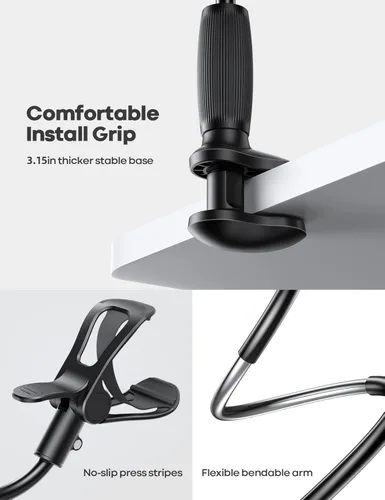 Vista 12 de Lamicall Soporte para Teléfono de Cuello de Cisne para Cama - [Clip Estable Mejorado] para Escritorio, Cabecera, Cama, Mesita de Noche, Mesa