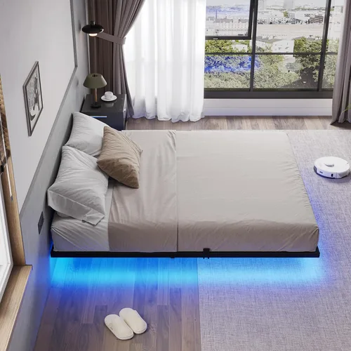 Vista 8 de Hasuit Base de cama flotante tamaño Queen con luces LED, plataforma de metal, no necesita somier, fácil de montar (Queen)