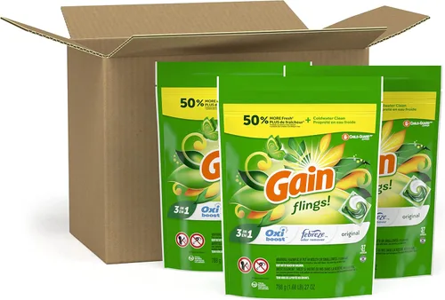 Vista 4 de Gain Flings! Jabón líquido para ropa sucia, compatible con HE, paquete de 3 bolsas, 111 unidades, aroma de larga duración, aroma original
