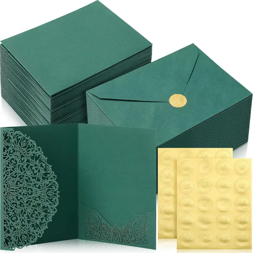 Vista 10 de PerKoop Juego de 100 invitaciones de boda cortadas con láser de 5 x 7 pulgadas con sobres y calcomanías de sello de cera, kit de tarjetas
