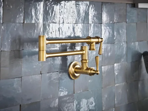 Vista 3 de Moen Grifo de cocina de doble junta montada en pared con brazo oscilante plegable de oro cepillado, S664BG