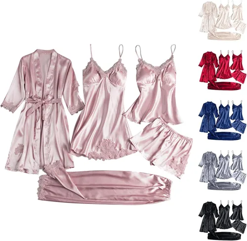 Conjunto de pijama de seda para mujer, conjunto de pijama sexy de satén, 5 piezas, camisola y pantalones cortos, ropa de dormir de verano, linda