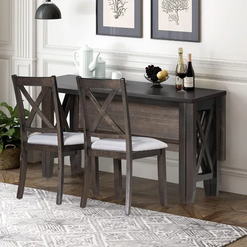 Vista 174 de Juego de mesa de comedor vintage de 6 piezas, juego de mesa de comedor de cocina de madera maciza con 4 sillas ergonómicas acolchadas y banco, mesa