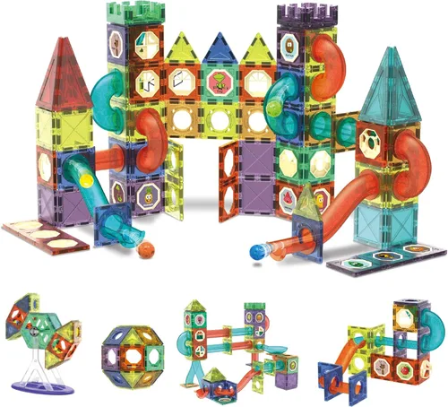 Vista 12 de Contixo Juguetes de construcción STEM – Juego de 65 piezas de azulejos magnéticos de mármol 3D para aprendizaje, apilables, juego de bloques