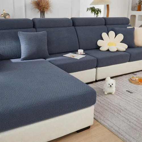 Vista 30 de Fundas de sofá, aptas para mascotas, de cojín universales, elásticas lavables para sofá modular (funda de 2 asientos y diván, con textura color azul)