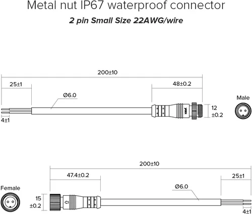 Vista 6 de BTF-LIGHTING Conector eléctrico de tuerca metálica de 2 pines, 18 AWG IP68, conector hembra macho de 7.87 pulgadas/7.9 in, cable de extensión