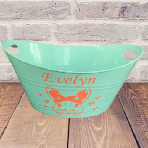 Vista 4 de Personalized Easter Bunny Basket With Name - Custom Bucket with Handles - Large Pail for Egg Hunting