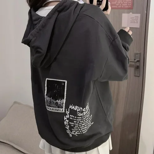 Vista 3 de Y2K - Sudadera con capucha para mujer, diseño de retazos grunge, con cremallera, Acubi Emo de gran tamaño, gótico, ropa Alt