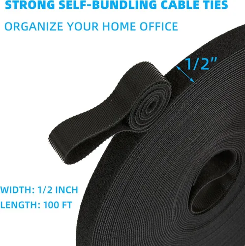 Vista 2 de Rollo de gancho y bucle de 100 pies x 1/2 pulgada, bridas de sujeción reutilizables, correas de cables multiusos para organizar el hogar, la oficina