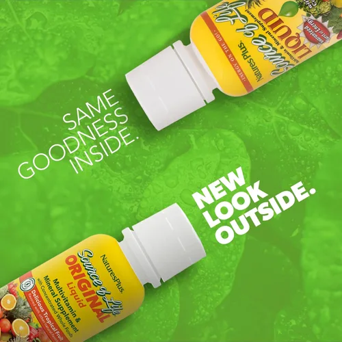 Vista 2 de Natures Plus Source of Life Líquido, fruta tropical, 8 onzas líquidas, suplemento multivitamínico y mineral, sin gluten, vegetariano, 8 porciones