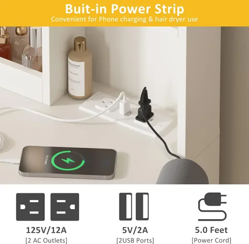 Vista 8 de Vabches Mesa de tocador de maquillaje con espejo iluminado y tira de alimentación, juego de tocador grande con taburete de almacenamiento, 3 modos