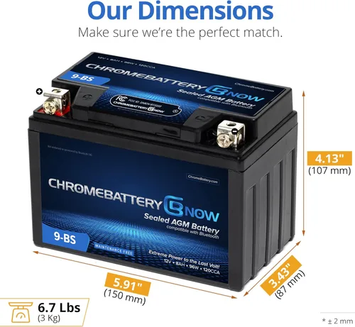Vista 5 de CHROMEBATTERY NOW YTX9-BS 12V 120 CCA AGM – Batería de 8Ah libre de mantenimiento para ATV, motocicleta, scooter, moto acuática – Terminal de tuerca