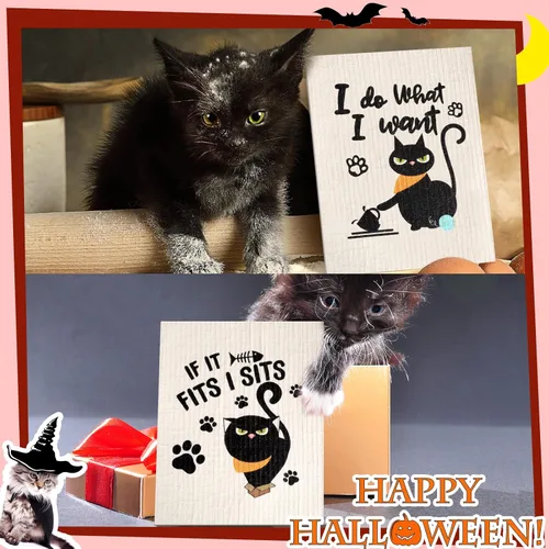 Vista 5 de Hoolerry 6 paños de cocina suecos de gato negro divertidos, esponjas reutilizables, paños de limpieza suecos, lavables, paños de cocina absorbentes