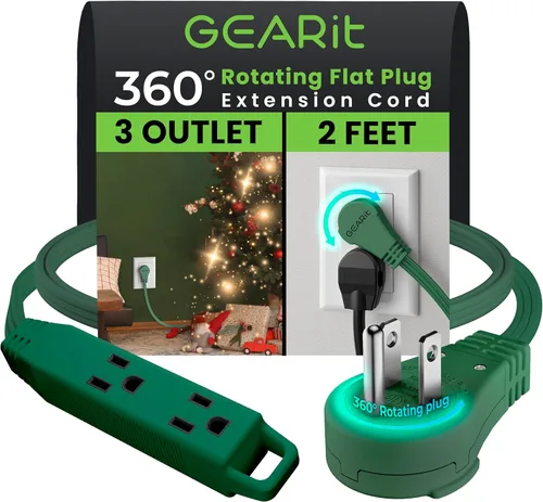 Vista 40 de GEARit Cable de extensión corto con enchufe plano giratorio de 360° y 3 tomas (2 pies, gris) 16AWG/13A Cable de 3 clavijas, Protector de toma