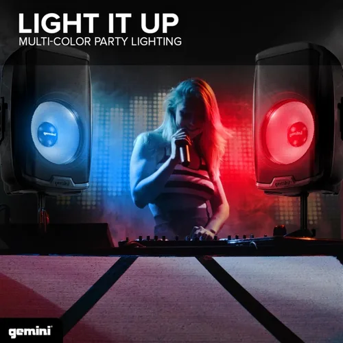 Vista 3 de Gemini - Altavoz PA Bluetooth de 100 W con soporte, sistema de altavoces DJ de 15 pulgadas con luces LED, USB/SD/FM, emparejamiento estéreo