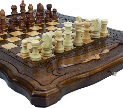 Juego de ajedrez de madera de nogal 3 en 1 hecho a mano de 11.8 pulgadas - Backgammon, damas - Juego de mesa único de alto detalle de Armenia Europa