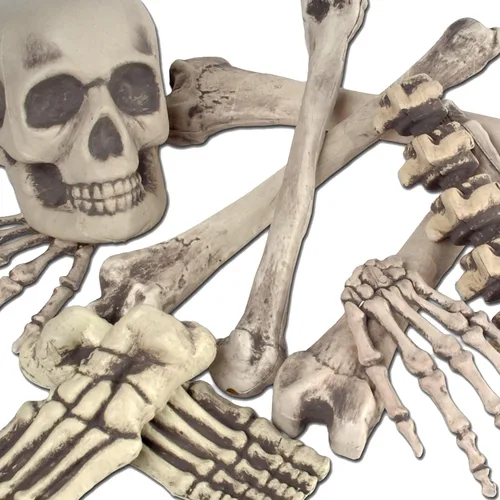Vista 4 de Decoración de esqueleto para Beistle de 12 piezas de plástico, huesos de esqueleto y calavera de terror, decoración de casa embrujada, suministros