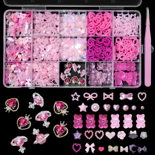 Vista 8 de Lazos variados de colores mixtos, dijes de uñas 3D, lazos surtidos para uñas, mezcla de perlas blancas planas para manicura, manualidades