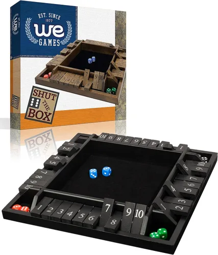 WE Games Juego de mesa Shut The Box de madera para 4 jugadores - 10 fichas con números y 8 dados - Madera teñida negra de gran tamaño, acabado de 14