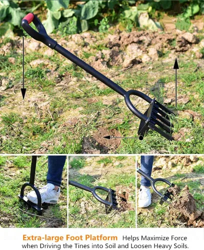 Vista 2 de Horquilla resistente de 5 dientes para jardinería - Horquilla de excavación de mango largo, garra desmalezadora de jardín