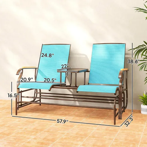 Vista 3 de Outsunny Banco planeador para 2 personas para exteriores, silla de columpio para patio, sofá biplaza con malla transpirable, mesa, marco de acero