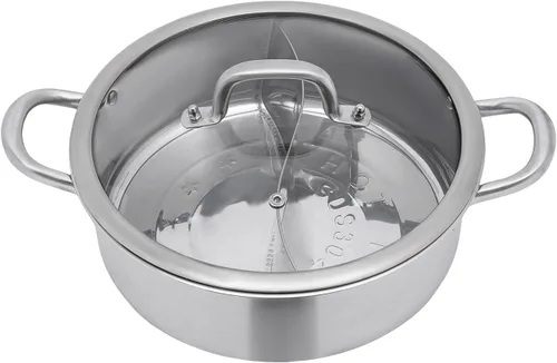 Vista 3 de Olla caliente Shabu Shabu de doble sabor con divisor y cucharón de sopa, olla Shabu Shabu Shabu de acero inoxidable 304, olla caliente de doble cara