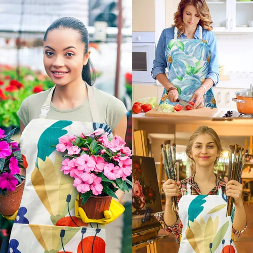 Vista 6 de LOLOMLO 2 Pack Floral Apron for Women with Pockets, Water Resistant Adjustable Neck Strap, Apron for Gardening
