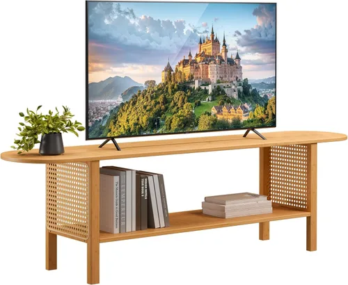 Vista 12 de HollyHOME Soporte de TV de bambú con almacenamiento para televisores de hasta 65 pulgadas, moderno centro de entretenimiento con 2 estantes