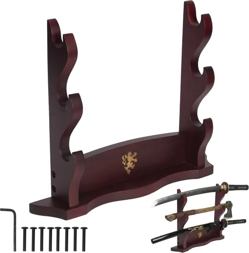 Vista 12 de Mythrojan Soporte de espada medieval de madera maciza horizontal para katana, samurái, gladiador, espadas cruzadas, soporte de mesa elegante, 1 nivel