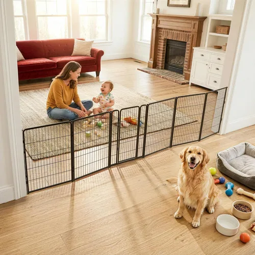 Vista 17 de FXW Puerta para perros extra ancha diseñada para uso en interiores, ancho ajustable de hasta 137 pulgadas de ancho