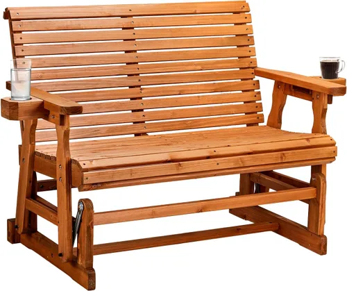 Vista 10 de VINGLI Planeador de madera para patio, resistente de 600 libras para exteriores con portavasos, banco de madera individual con respaldo alto