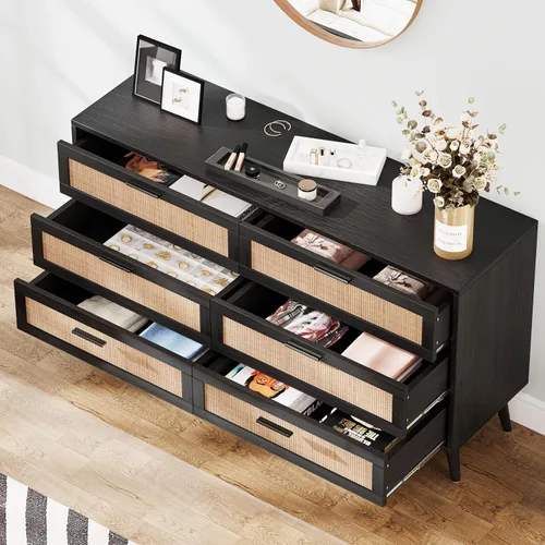 Vista 6 de Rovaurx Cómoda doble de 6 cajones para dormitorio, cómoda de ratán, cómoda de madera moderna con asas doradas, mesa auxiliar para armario, sala