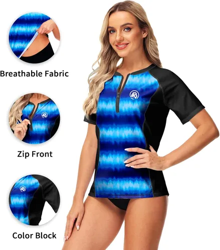 Vista 3 de AOBUTE Women Zip Rash Guard UPF 50+ Gradient Short Sleeve Swim Top Surf Shirts