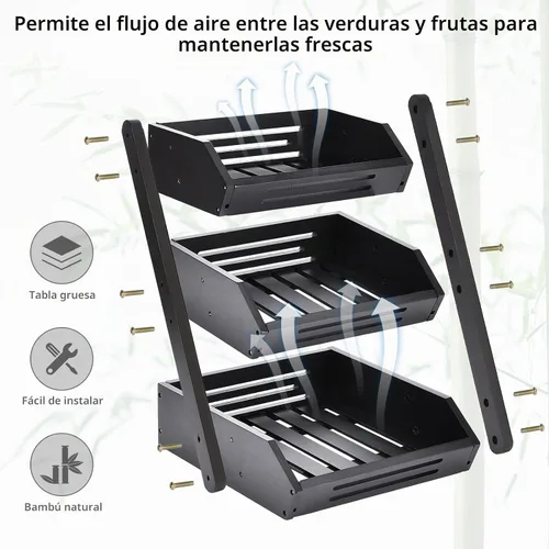Vista 3 de VIKEYHOME Cesta de frutas, cuenco de frutas de bambú de 3 niveles para cocina, soporte de almacenamiento de frutas y verduras, organizador