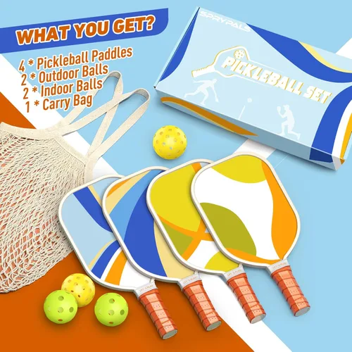 Vista 6 de Juego de 4 palas de pickleball de madera prémium con 4 bolas de pickleball para interiores y exteriores y 1 bolsa de transporte, raquetas