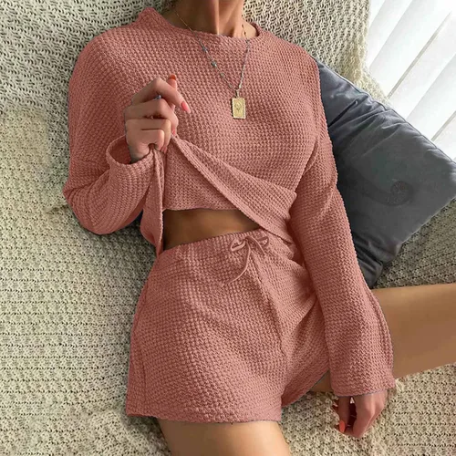 Vista 2 de lcziwo Womens Leisure Waffle Suit Sets Summer Relaxed Long Sleeve Crewneck Top Loose Drawstring Shorts Home Wear