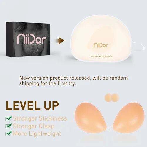 Vista 6 de Nildor - Brasier adhesivo con efecto de realce de silicona sin tirantes para vestido sin espalda, con 2 cubiertas para pezones, color piel