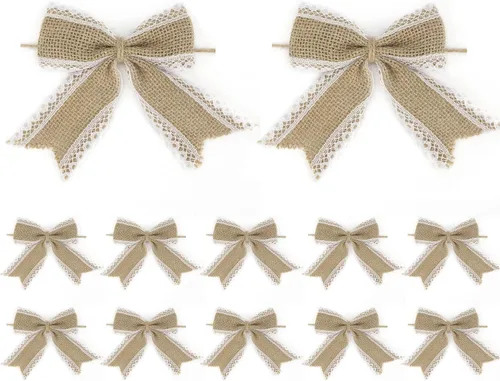 Vista 8 de AIMUDI Lazos de encaje de arpillera natural de 4 pulgadas, lazos rústicos de arpillera para decoración de árbol de Navidad, lazos de boda de encaje