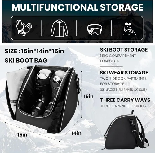 Vista 7 de Hsmihair Bolsa de esquí y bolsa para botas de esquí, bolsa de esquí acolchada combinada para viajes aéreos, bolsa de botas de esquí a prueba de agua