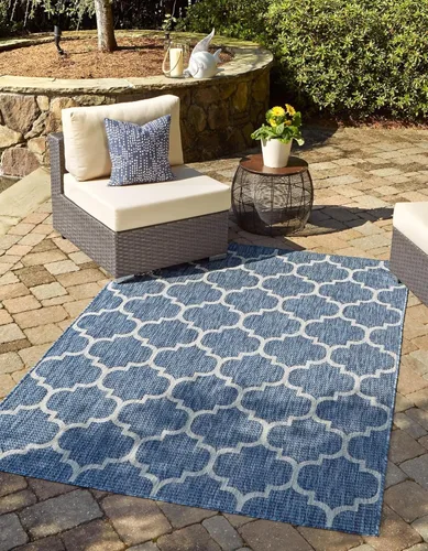 Vista 68 de Unique Loom Outdoor Trellis Collection Alfombra de Área (5' 1" x 8' Oval, Aguamarina/Gris)