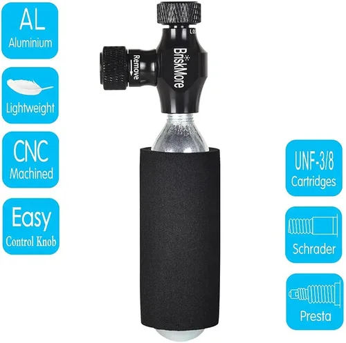 Vista 3 de Kits de Inflador CO2 BriskMore con Cartuchos de CO2 de 9X16g o 5 X 16g, Compatible con Válvulas Presta y Schrader, Bomba de CO2 para Neumáticos