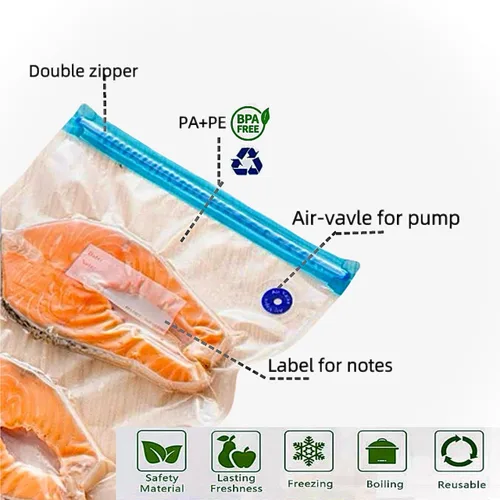 Vista 4 de Bolsas Sous Vide - Bolsas de sellado al vacío reutilizables libres de BPA para alimentos/congelación seguras - 20 piezas (21.8 * 21.6 cm) Bolsas