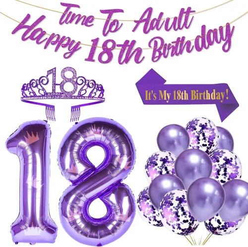 Decoraciones moradas de cumpleaños número 18 para niñas, banda, tiara de 40 pulgadas, globos de papel de aluminio, globos de confeti de oro rosa,