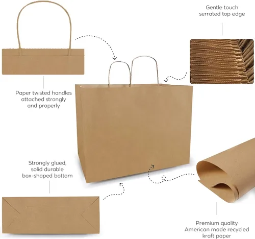 Vista 35 de Qutuus Bolsas de regalo de estraza grandes con asas, 25 bolsas de regalo de 10 x 5 x 13 pulgadas, bolsas de papel kraft reutilizables para compras